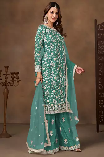 Sea green embroidered net sharara style