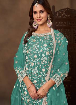 Sea green embroidered net sharara style 4