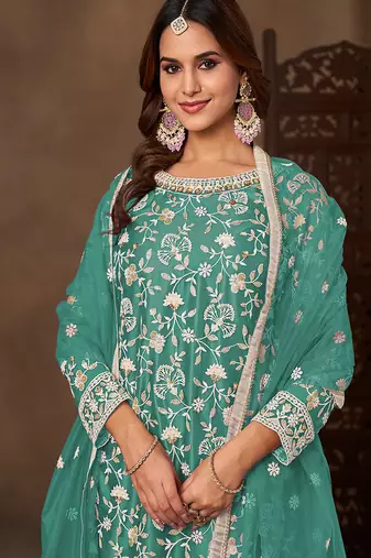 Sea green embroidered net sharara style