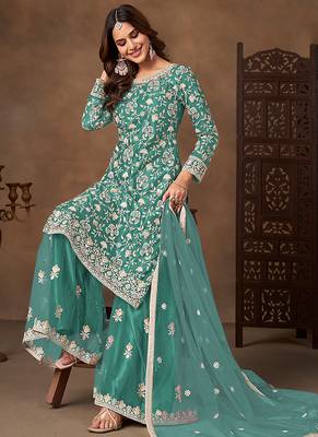 Sea green embroidered net sharara style 5