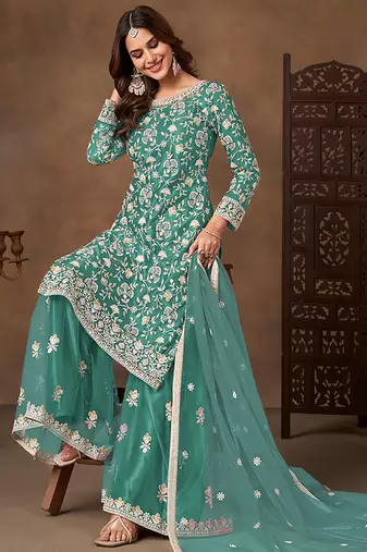 Sea green embroidered net sharara style