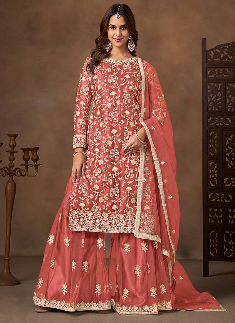 Orange embroidered net sharara style