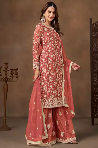 Orange embroidered net sharara style