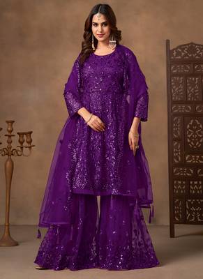 Purple embroidered sequence net sharara style 1