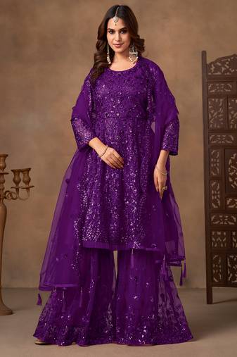 Purple embroidered sequence net sharara style