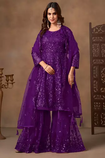 Purple embroidered sequence net sharara style