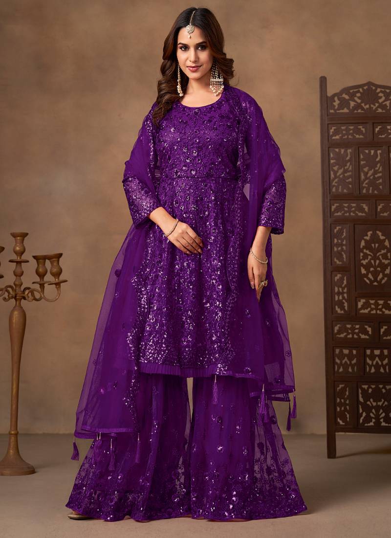 Purple embroidered sequence net sharara style