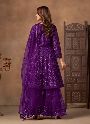Purple embroidered sequence net sharara style 2