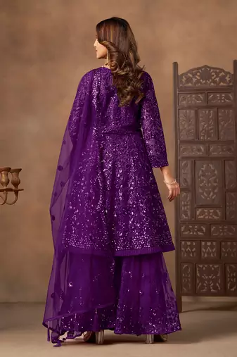 Purple embroidered sequence net sharara style