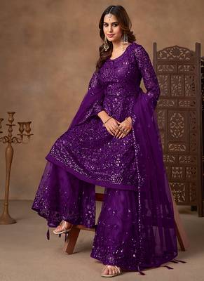 Purple embroidered sequence net sharara style 3