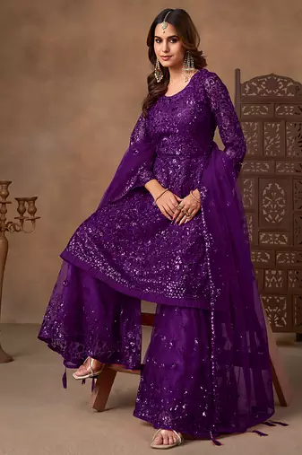 Purple embroidered sequence net sharara style