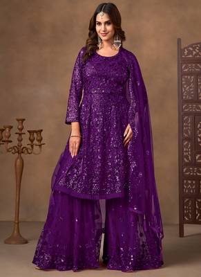 Purple embroidered sequence net sharara style 4
