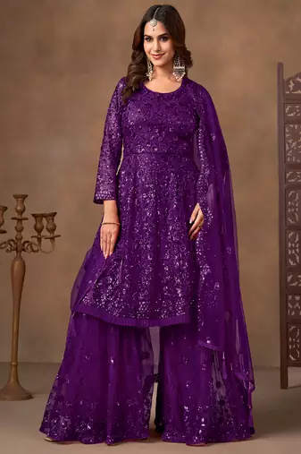 Purple embroidered sequence net sharara style