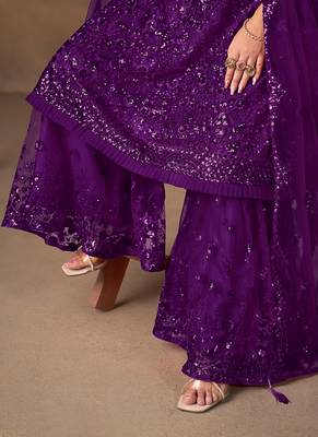 Purple embroidered sequence net sharara style 5