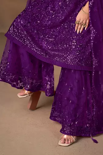 Purple embroidered sequence net sharara style