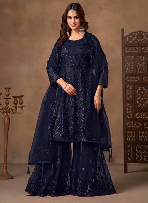 Navy blue embroidered sequence net sharara style 1