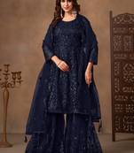 Navy blue embroidered sequence net sharara style