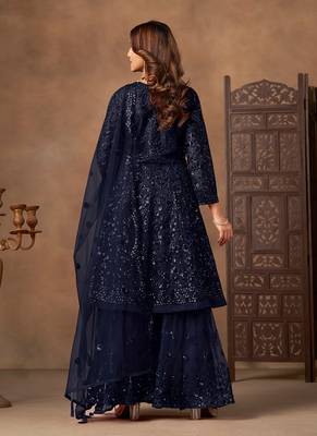 Navy blue embroidered sequence net sharara style 2