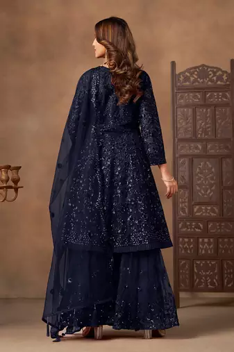 Navy blue embroidered sequence net sharara style
