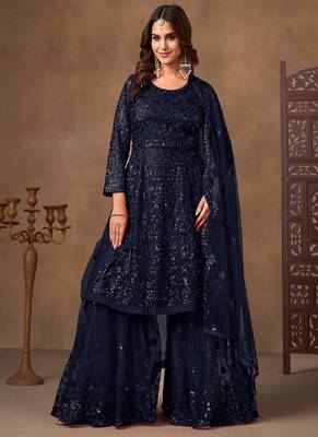 Navy blue embroidered sequence net sharara style 4