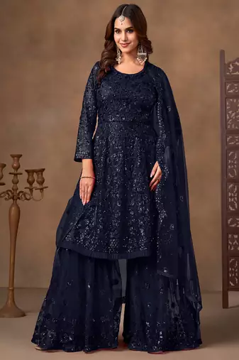 Navy blue embroidered sequence net sharara style