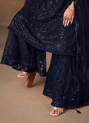 Navy blue embroidered sequence net sharara style 5