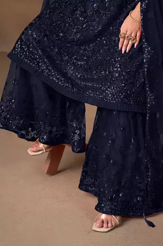 Navy blue embroidered sequence net sharara style