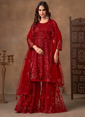 Red embroidered sequence net sharara style 1