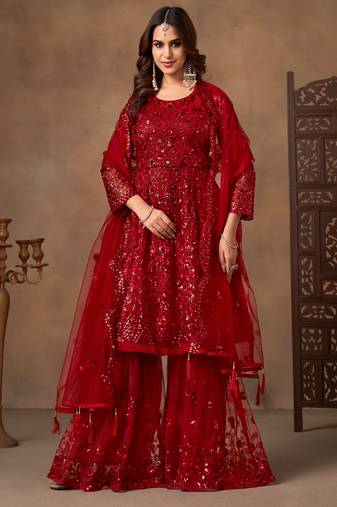 Red embroidered sequence net sharara style