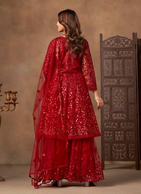 Red embroidered sequence net sharara style 2
