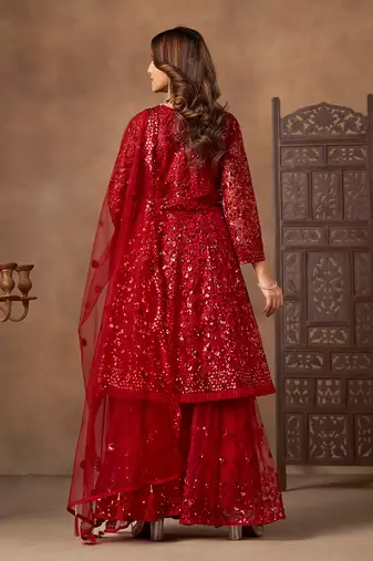 Red embroidered sequence net sharara style