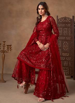 Red embroidered sequence net sharara style 3