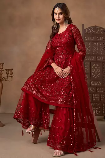 Red embroidered sequence net sharara style