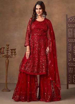 Red embroidered sequence net sharara style 4
