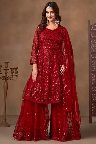 Red embroidered sequence net sharara style
