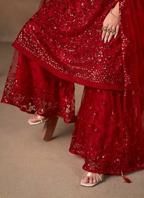 Red embroidered sequence net sharara style 5