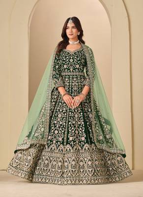 Green embroidered sequence velvet anarkali suit 1
