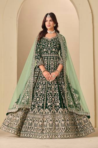 Green embroidered sequence velvet anarkali suit