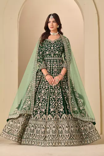Green embroidered sequence velvet anarkali suit