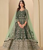 Green embroidered sequence velvet anarkali suit