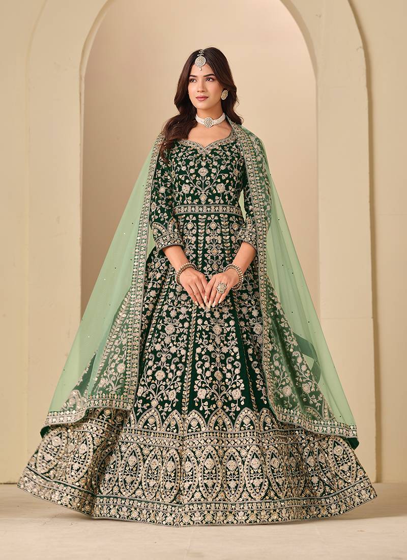 Green embroidered sequence velvet anarkali suit
