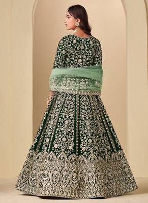 Green embroidered sequence velvet anarkali suit 2
