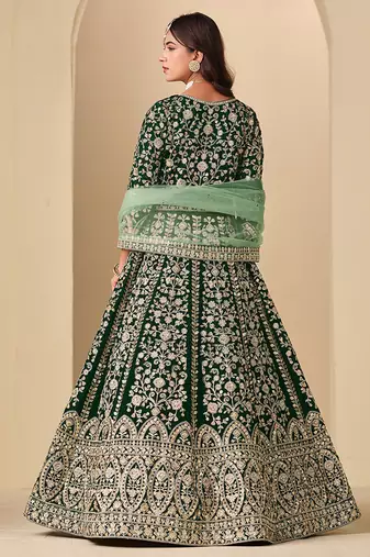 Green embroidered sequence velvet anarkali suit