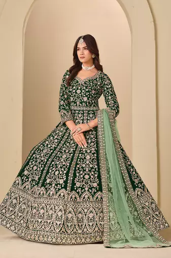 Green embroidered sequence velvet anarkali suit