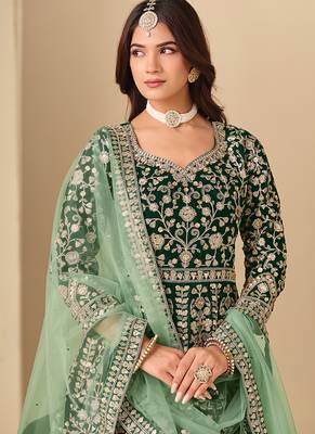 Green embroidered sequence velvet anarkali suit 4