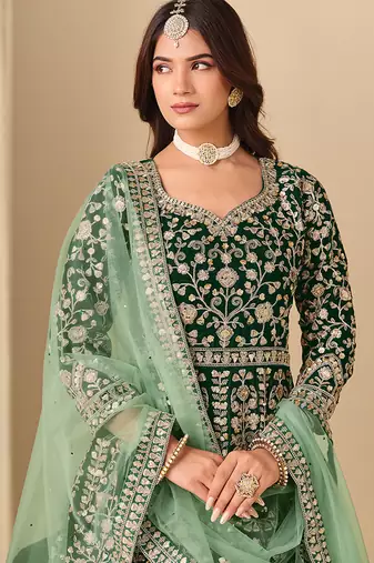 Green embroidered sequence velvet anarkali suit