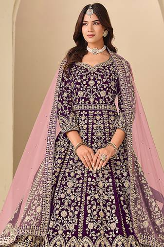 Purple embroidered sequence velvet anarkali suit