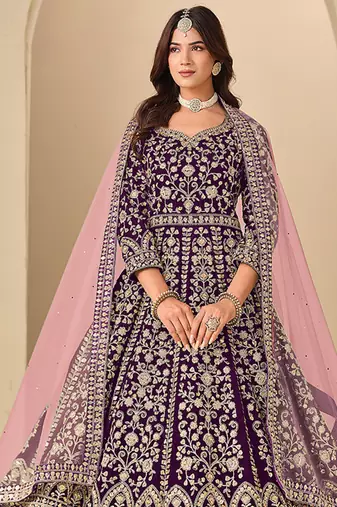 Purple embroidered sequence velvet anarkali suit