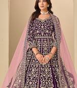 Purple embroidered sequence velvet anarkali suit