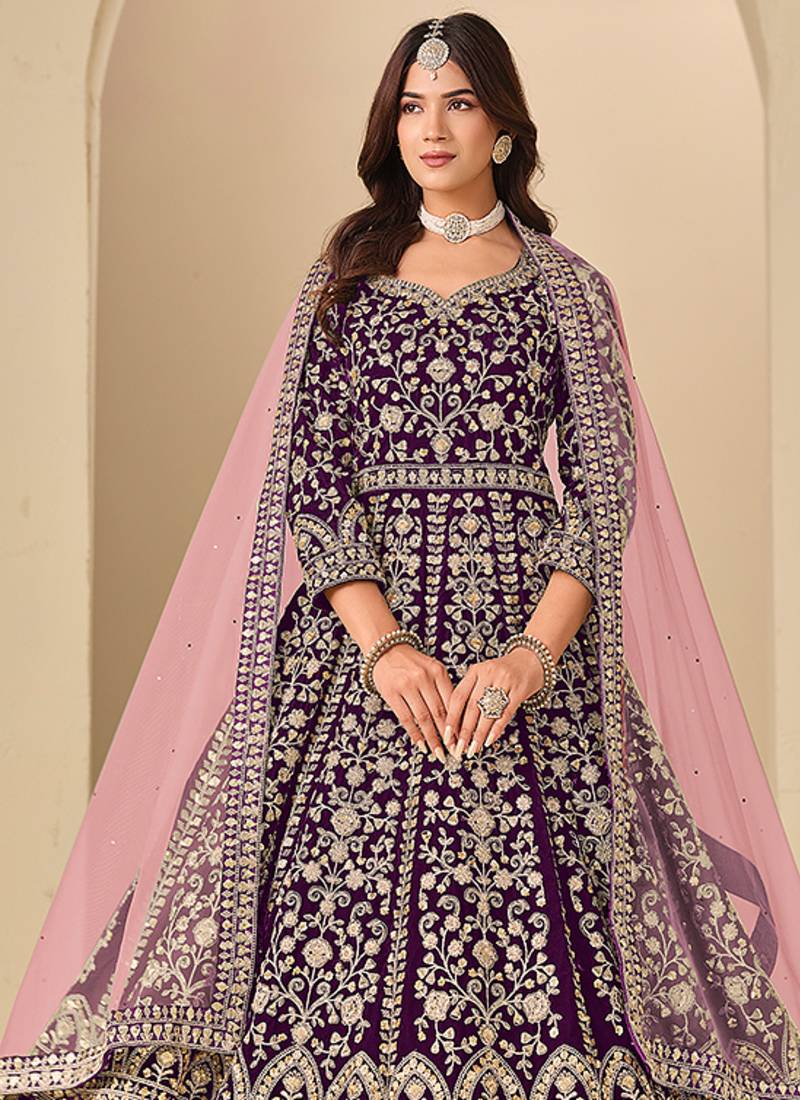 Purple embroidered sequence velvet anarkali suit